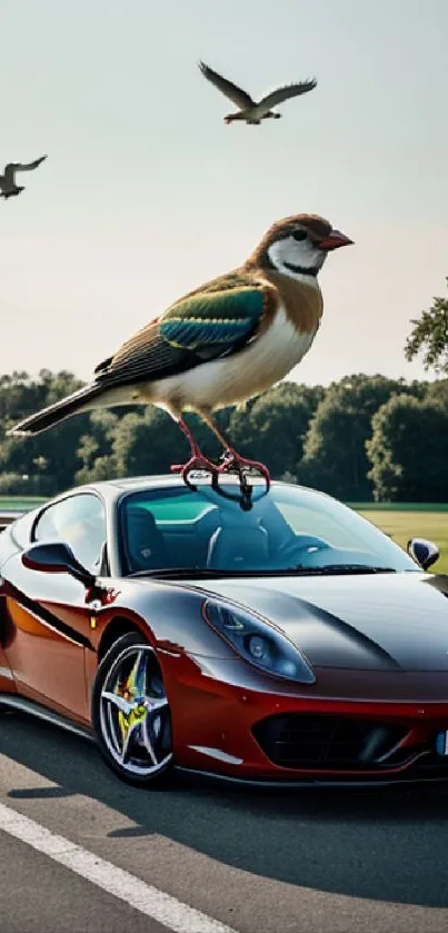 Exotic bird perched on sleek sports car in nature.