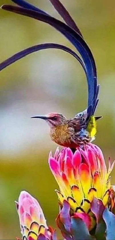 Exotic bird perched on a colorful flower.