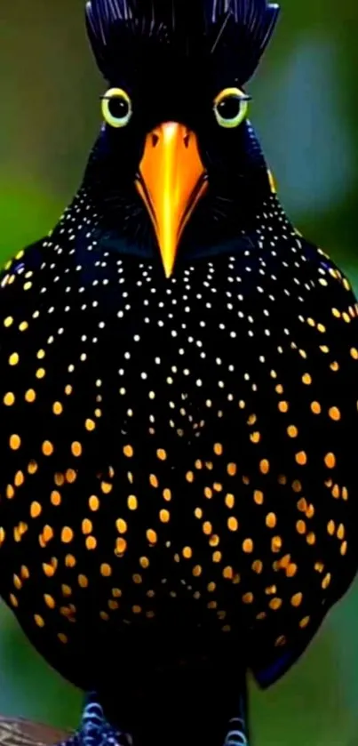 Vibrant exotic bird with colorful plumage against lush background.