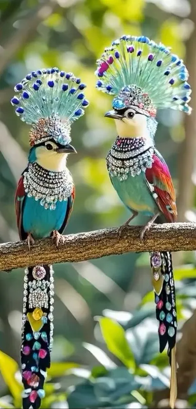 Exotic adorned birds perched on a branch, vibrant wallpaper.