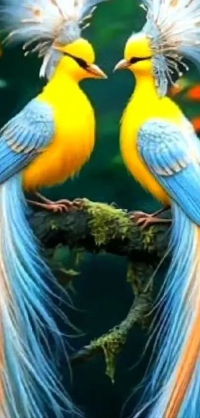 Two vibrant exotic birds with colorful feathers perched on a branch.