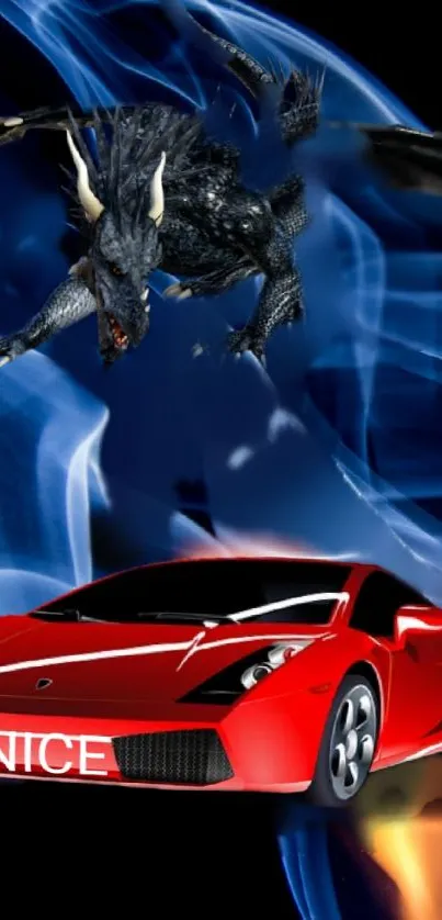 Dynamic wallpaper with red sports car and dragon on black background.