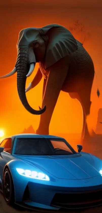 Wallpaper featuring a sports car and elephant under a vibrant sunset.