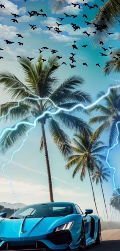 Blue exotic car with palm trees and lightning under a vibrant sky.