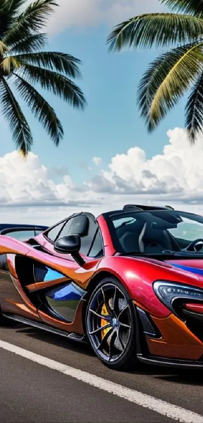 Red sports car parked by palm-lined beach road.