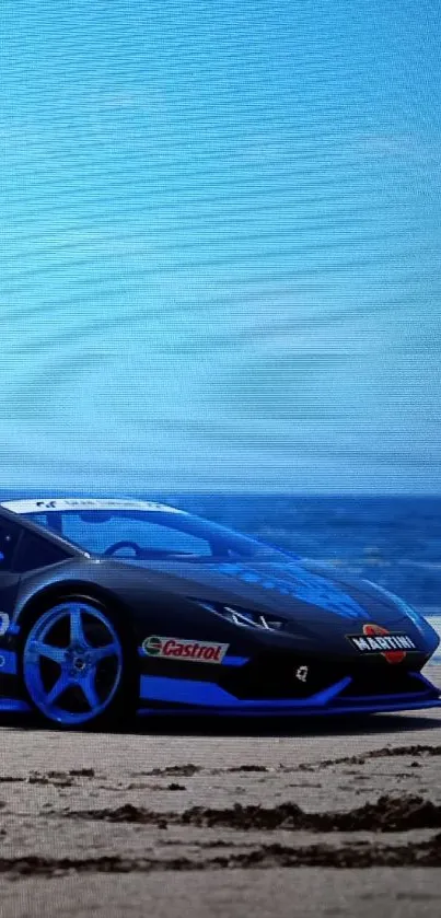 Black sports car on a sandy beach with ocean view.