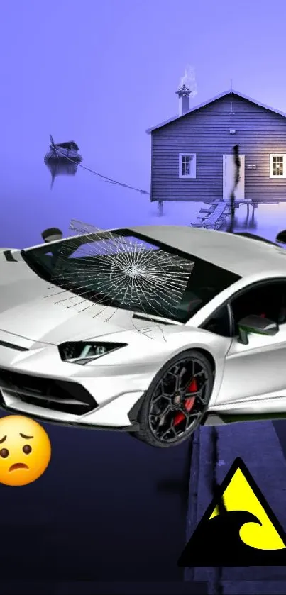 Sports car by lake with broken windshield and house in background.