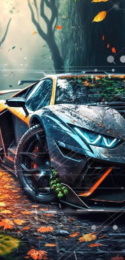 Luxury car in an autumn forest with vibrant leaves and mystical atmosphere.