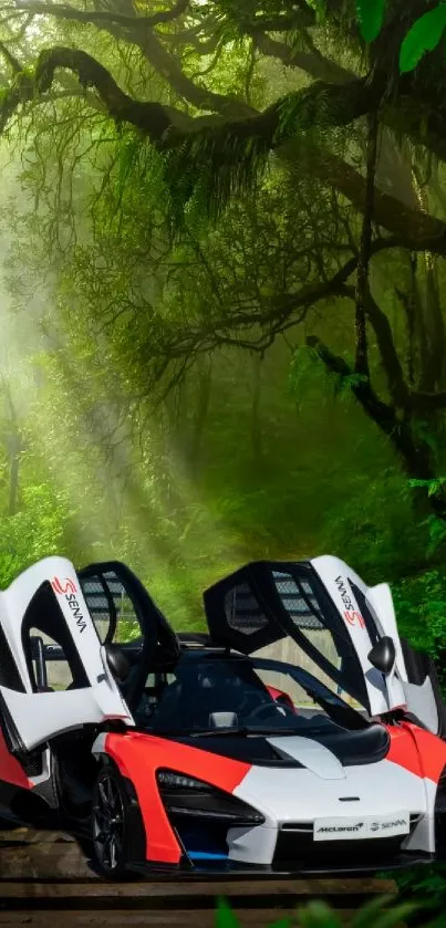 Exotic car amidst lush jungle foliage and sunlight.