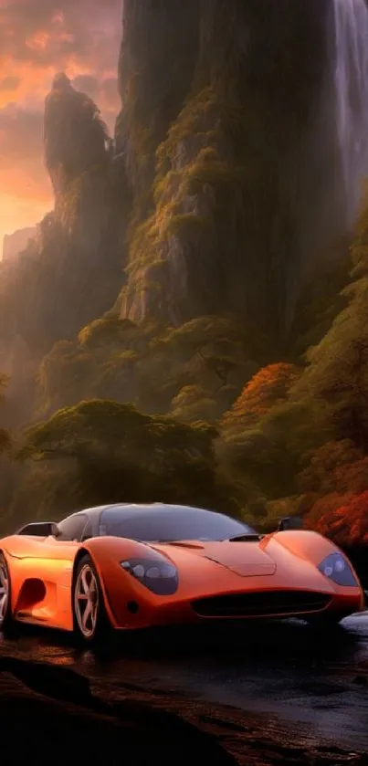 Orange sports car in a mystical valley with lush greenery and a waterfall.