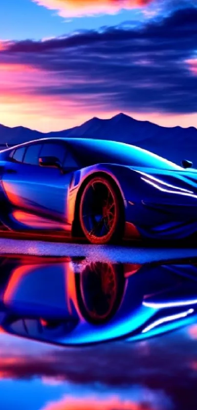 Exotic sports car reflecting in sunrise waterscape.