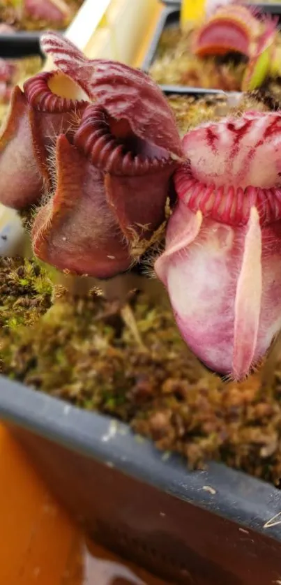 Vibrant close-up of exotic carnivorous plants in red and purple hues.