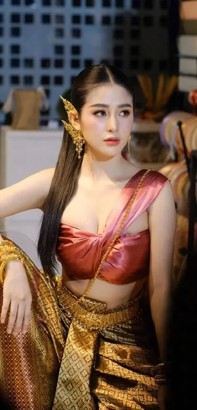 Elegant woman in traditional Thai attire with gold accessories.