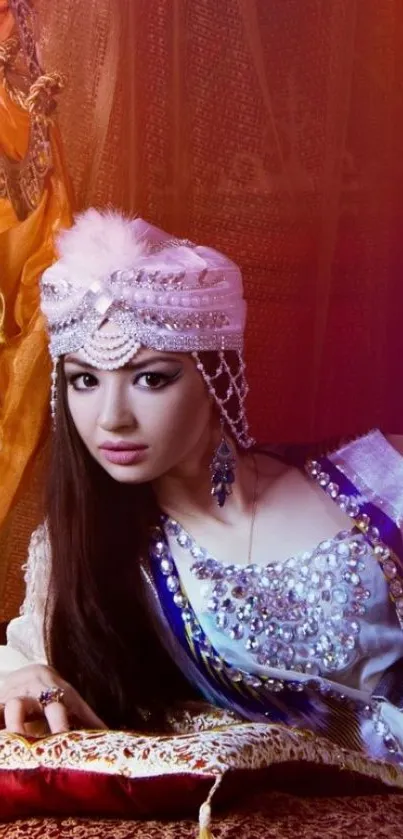 Woman in traditional attire with jewels on richly colored background.