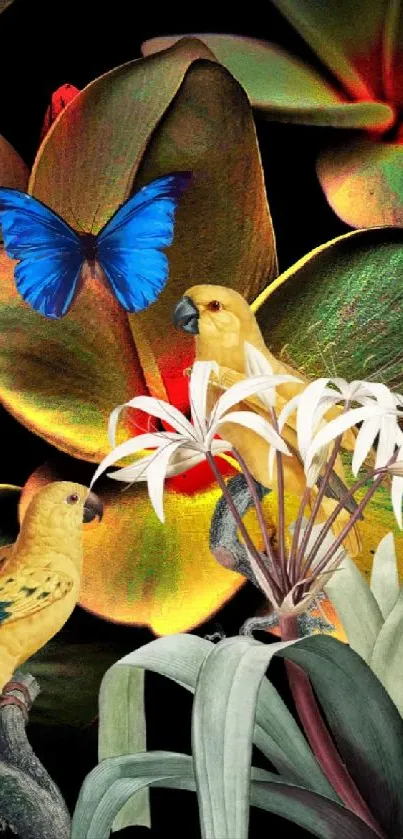 Exotic flowers and birds with blue butterfly on a black background.