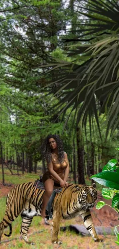 Woman riding tiger in lush green jungle setting wallpaper.