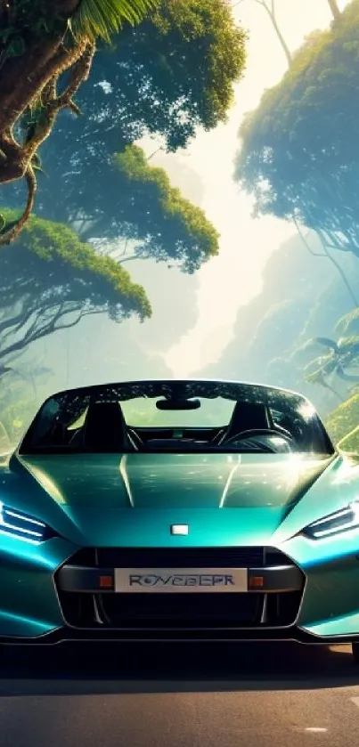 Teal supercar driving through lush jungle landscape.