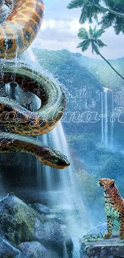 Leopard and snake by jungle waterfall in vibrant scene.