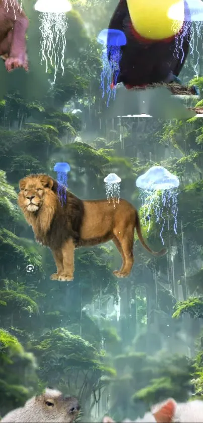 Lion in lush jungle with floating jellyfish.