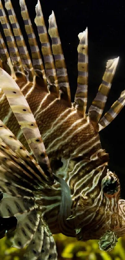 Close-up of exotic lionfish with intricate golden patterns.