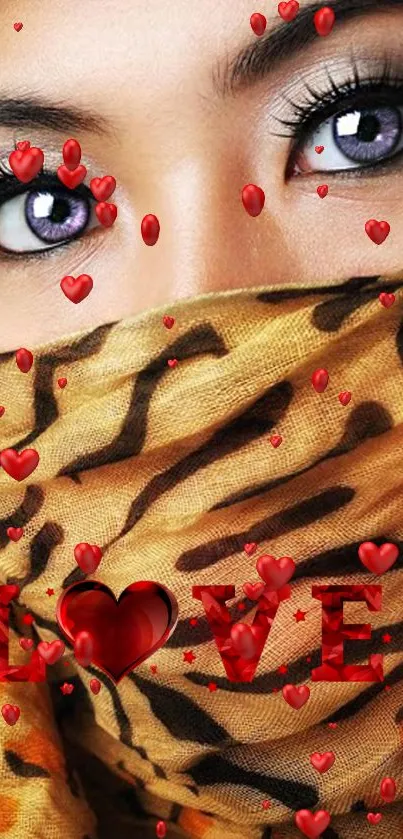 Exotic eyes with leopard print and hearts mobile wallpaper.