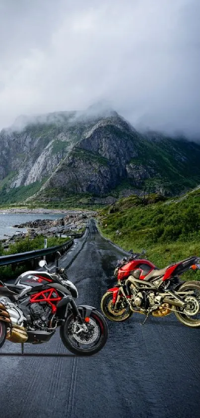 Two exotic motorbikes on a winding mountain road with scenic views.