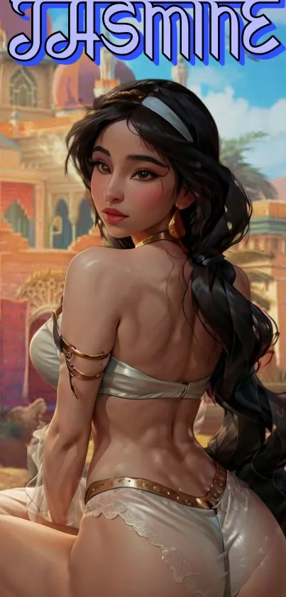 Animated exotic princess in desert scene wallpaper.