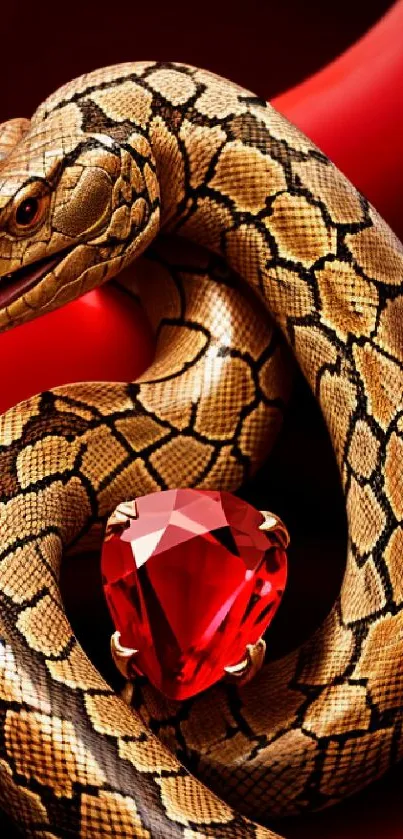 Exotic snake coiled around a radiant red jewel on vibrant background.