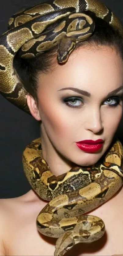 Exotic woman with makeup and snake on dark wallpaper.