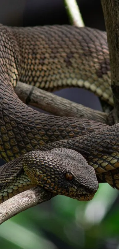 Exotic snake coiled on a tree branch amidst lush green foliage.