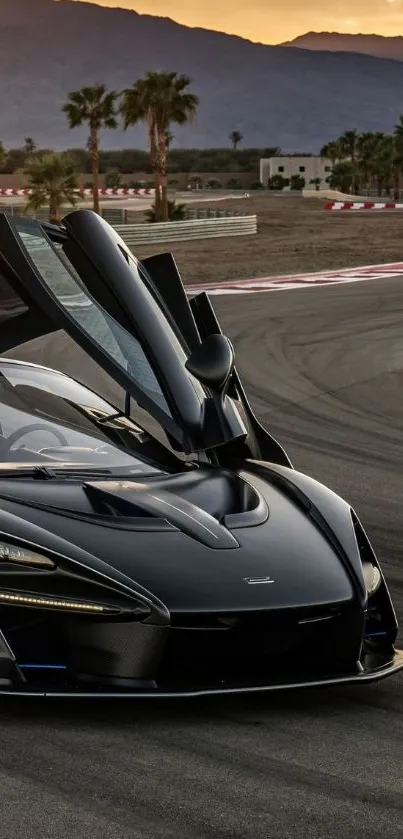 Sleek black sports car on a racing track at sunset.