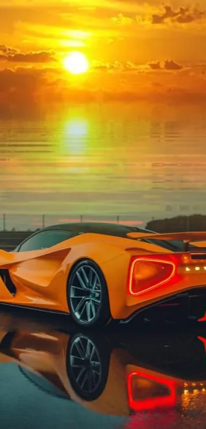 Exotic sports car reflecting in water at sunset with vibrant colors.