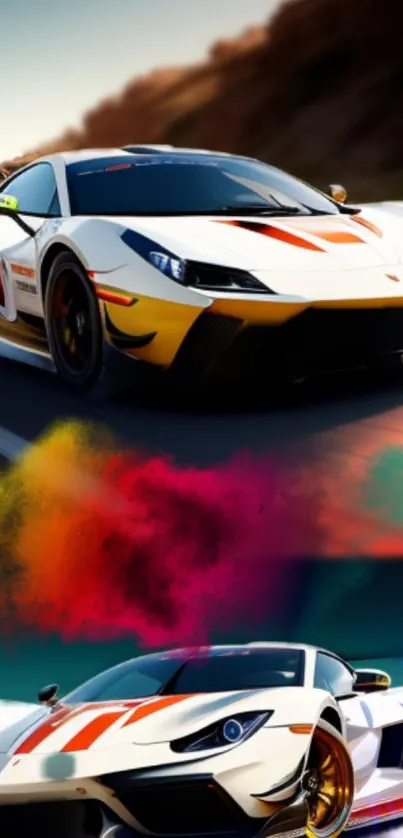 Exotic sports car with vibrant colors and dynamic design for phone wallpaper.