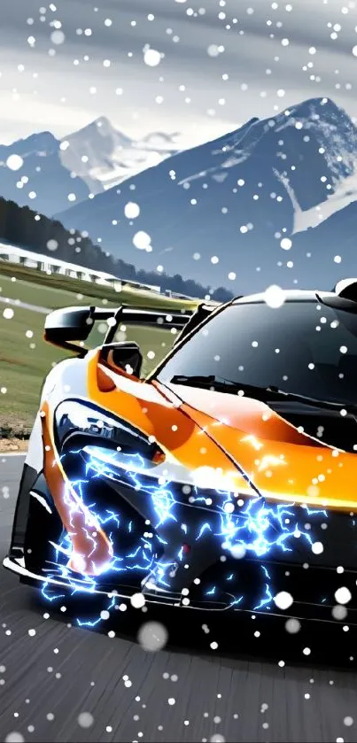 Orange sports car racing with mountain backdrop.