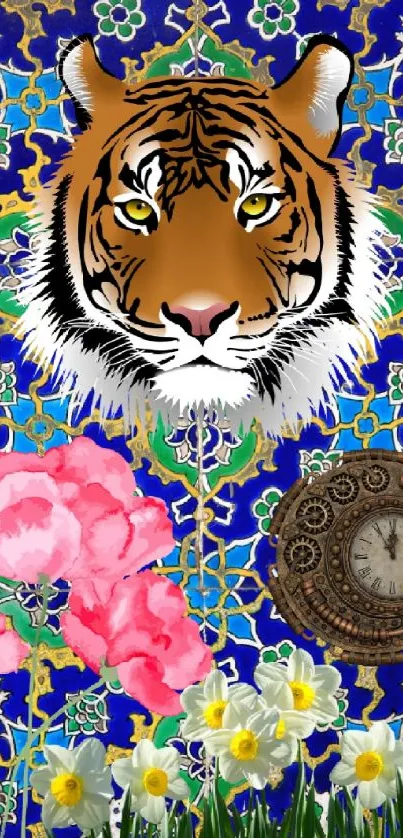 Decorative wallpaper with tiger, florals, and clock.