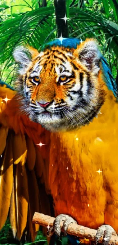 Tiger-parrot hybrid in vibrant jungle setting mobile wallpaper.