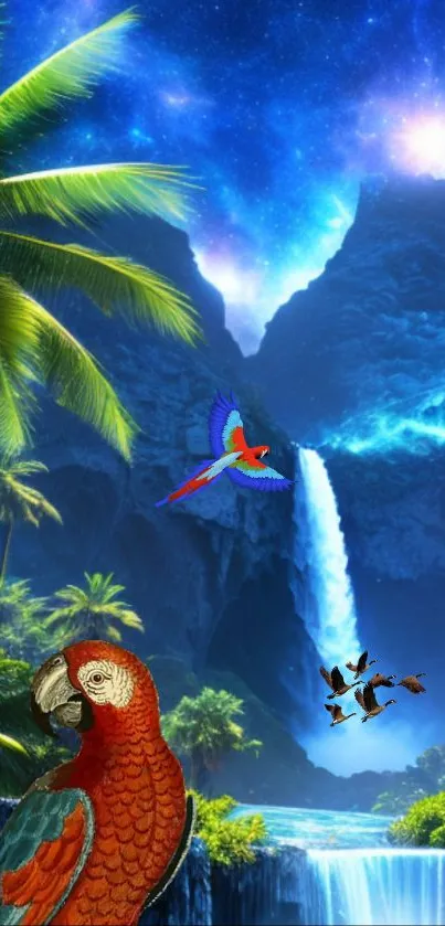 Tropical paradise with parrots and waterfall under a starry sky.