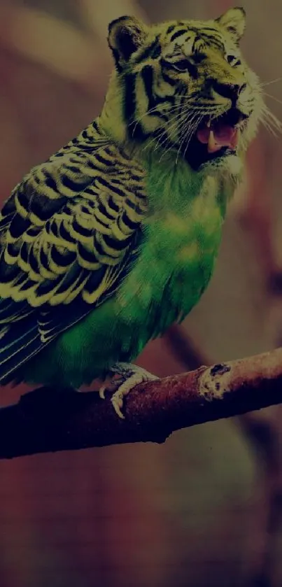 A vibrant image of a parrot with tiger features sitting on a branch.