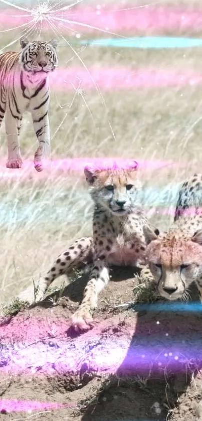 Cheetahs and tiger with neon pastel beams in a fantasy setting.