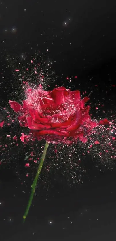 Exploding red rose against dark background wallpaper for mobile.