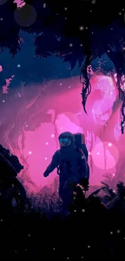 A sci-fi explorer in a neon-lit jungle, perfect for mobile wallpaper.