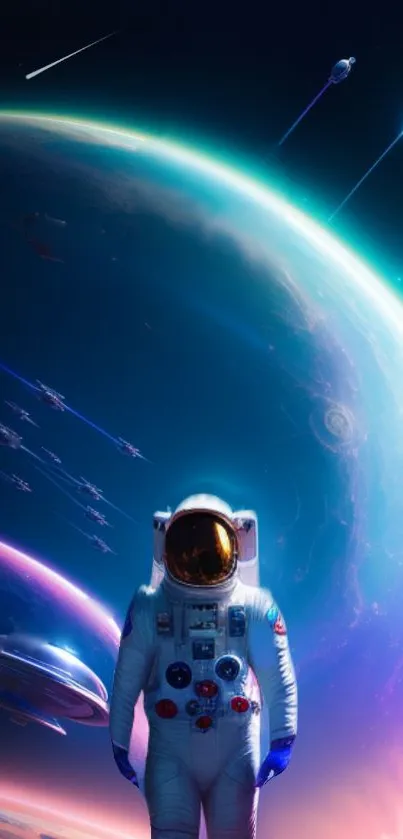 Astronaut standing on a vibrant planet with celestial bodies and space elements.