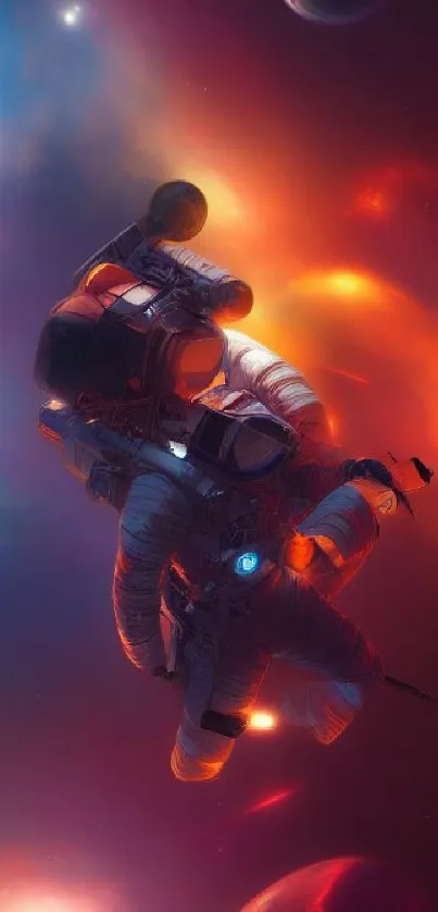 Astronaut floating in colorful cosmic scene, surrounded by nebulae and distant planets.