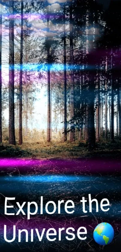 Mystic forest with neon lights and 'Explore the Universe' text.