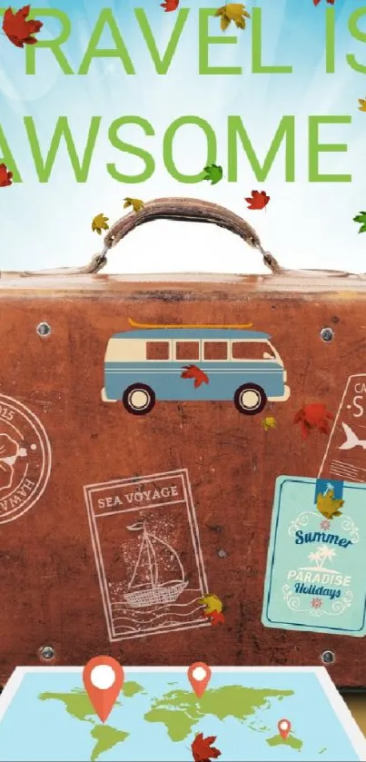 Colorful travel-themed wallpaper with suitcase and world map.