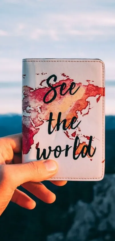 Inspiring mobile wallpaper with 'See the World' text and world map design.