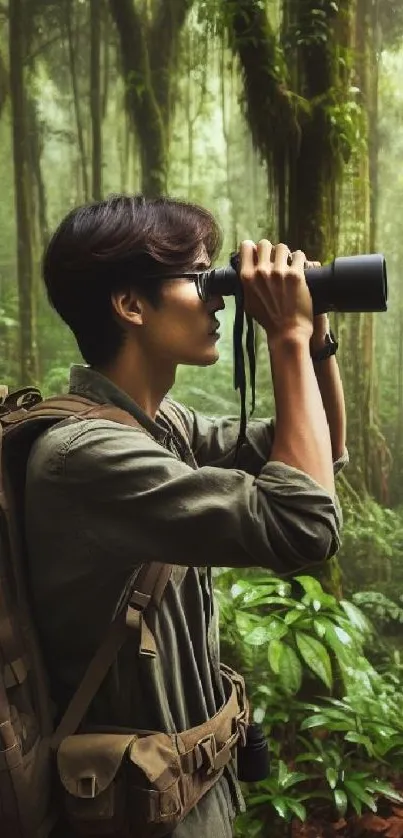 Explorer in a lush jungle with binoculars and backpack.