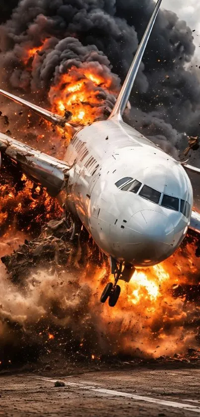Airplane amidst fiery explosion scene, dramatic action wallpaper.