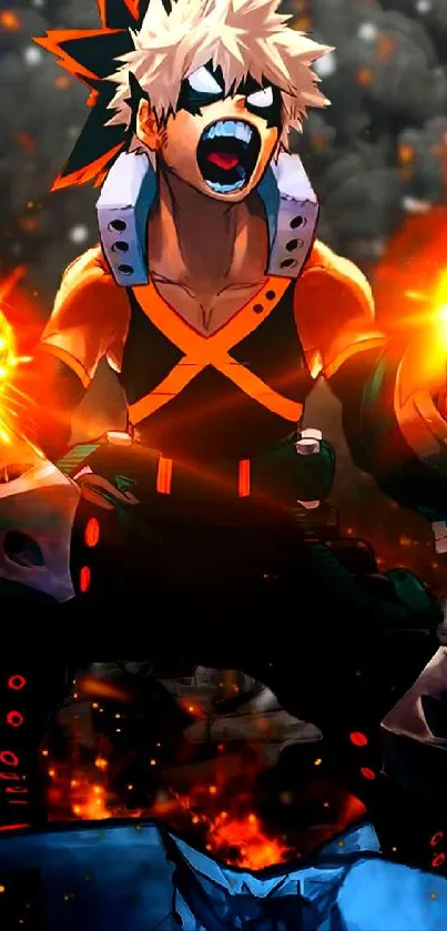 Anime hero with fiery explosion background.