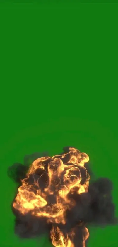 Dynamic explosion with flames on a green background for mobile wallpaper.